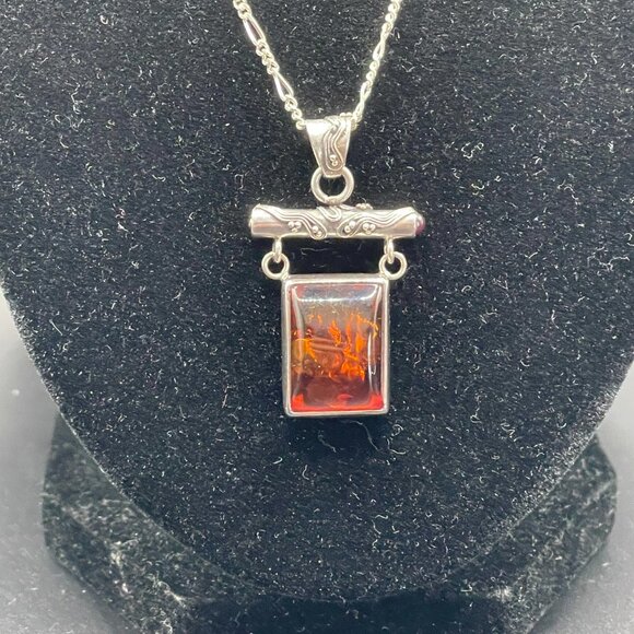 Signed LB Lori Bonn Sterling Silver Baltic Amber Pendant Necklace AZ 925 Italy - Picture 2 of 15